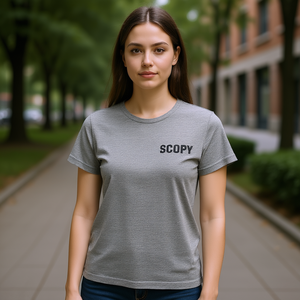 T-shirt Scopy da uomo e da donna a maniche corte grigio melange con stampa gatto - Promozionale - Product Image 3