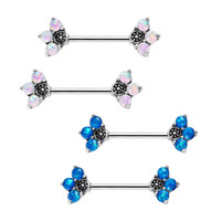 Pétale Fleur Mamelon Anneau Avec Faux Bleu Opale En Acier Inoxydable Mamelon Piercing Mode Corps Bijoux pour Femmes