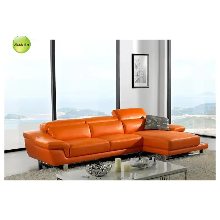 Sofá de canto europeu de luxo laranja, sala de estar, estilo moderno, de couro, com chaise 2293, venda imperdível