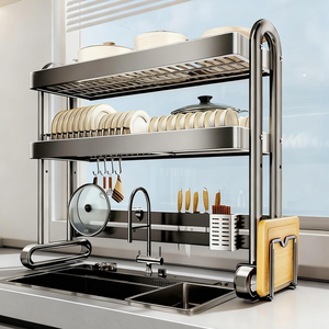 2 Layer Stainless Steel Multifunctional Over the Sink Shelves Organizer Silver Dish Drainer Drying <b>Storage</b> <b>Rack</b> for <b>Kitchen</b> - Product Image 1