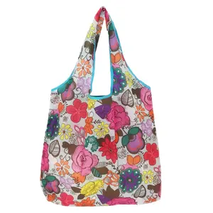 Eco-friendly convenient reusable 190T polyester grocery shopping foldable bag with pouch