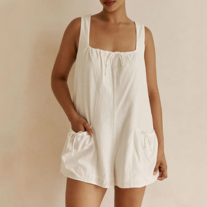 Combinaison courte d'été tendance, décontractée, respirante, avec poches et cordon de serrage, en lin et coton de haute qualité - Product Image 1