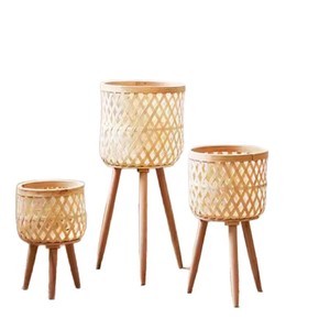 Solid Wood Rattan Flower Stand Bamboo Woven Storage Rack Living Room <b>Sofa</b> Side Table <b>Floor</b> Standing Corner Balcony Plant Pot - Product Image 5