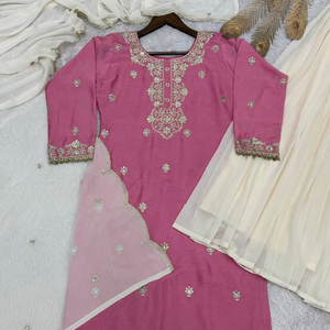 Conjunto de 3 piezas de seda romana elegante para mujer, corte regular, Kurti, Plazaa, Dupatta, con hermoso bordado y lentejuelas, estilo casual reversible. - Product Image 1
