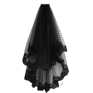 Generous Black Chapel Length Lace Applique Headwear Wedding Bridal Veil
