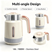 Bouilloire électrique sans fil en acier inoxydable à double paroi 1,8 L, contrôle de la température, ébullition rapide, arrêt automatique, 220 V, utilisation en extérieur, hôtel