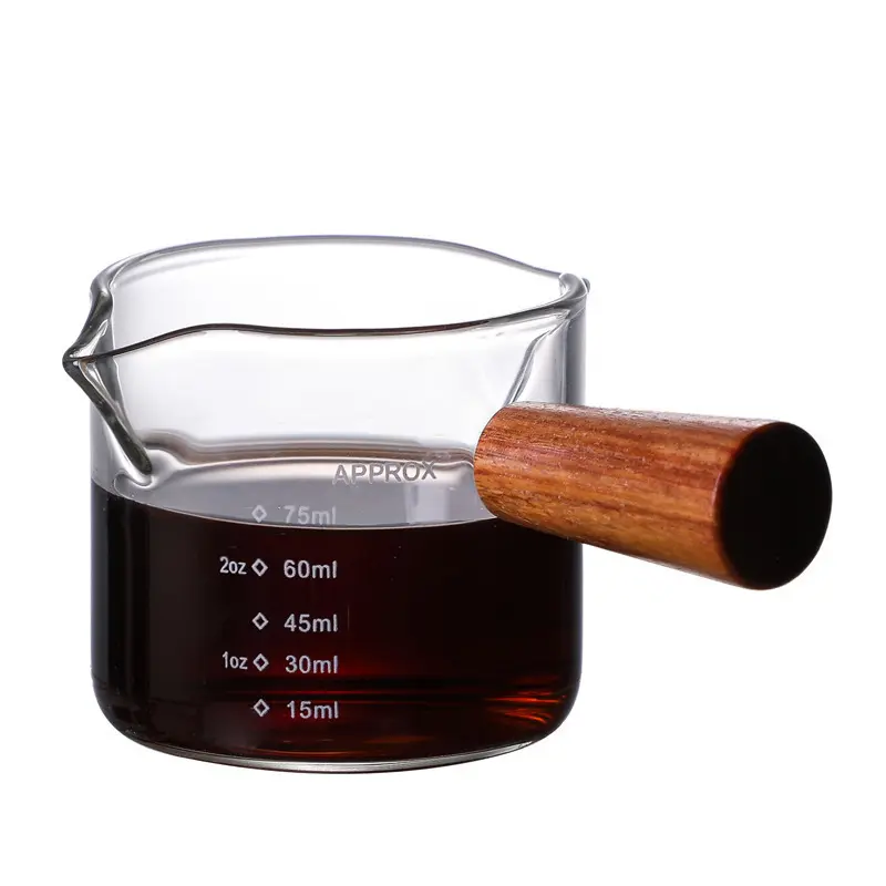 Double Spouts Measuring Triple Pitcher 75ML Insulated Glass Italian Coffee Measuring Cup with Wood Handle