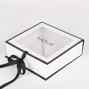 Eco Friendly White Color Custom Design Foldable Square Paper Box Gift Box Packaging with PVC Window and Ribbon