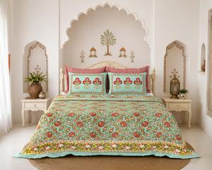 <b>King</b> <b>Size</b> Screen Print Cotton Bedsheet Set White Floral <b>Bedding</b> with 2 Pillow Covers Handmade Jaipur Linen - Product Image 1