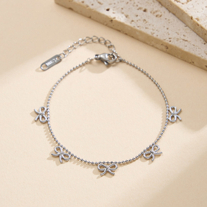2026 316L Stainless Steel Bow <b>Charm</b> Beaded Chain <b>Bracelet</b> Gold & <b>Silver</b> Plated Adjustable Trendy Jewelry for Daily Wear - Product Image 4
