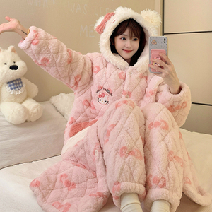 Ensembles de vêtements de nuit, pyjamas d'hiver, robe en coton à trois couches, robe de chambre à motif de dessin animé, poche Kt, pyjama mignon pour filles - Product Image 2