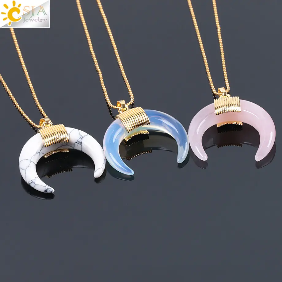 CSJA Wholesale Gold Plated Stainless Steel Natural Crystal Stone Horn Crescent Moon Necklace Pendant for Women F063