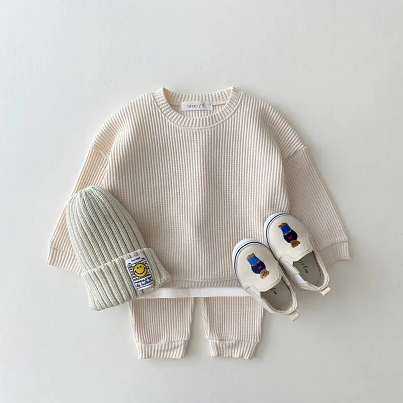 Koreanische Waffel Baumwolle Baby Kleidung Sets Kinder Jungen Mädchen Frühling Herbst Lose Trainings anzug Tops Hosen 2PCS Sets Kleidung