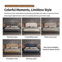 Lit de Luxe Moderne en Cuir Véritable avec Rangement, Tête de Lit LED, Tiroirs Rembourrés à Vérin à Gaz, Confortable, Taille King Size pour Chambre à Coucher
