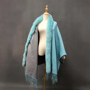 High Quality Women Soft Pashmina Cashmere and Fox Fur Shawl with Tassel