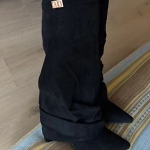 <span class=keywords><strong>Bottes</strong></span> mi-<span class=keywords><strong>mollet</strong></span> pour femmes à bout pointu, coupe droite, à boucle métallique, grande taille, talon épais, longueur pantalon - Product Image 4
