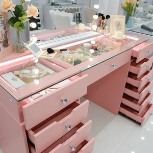 Oem Grand ensemble de coiffeuse de maquillage moderne à 13 tiroirs en bois rose, verre à lumière <span class=keywords><strong>LED</strong></span>, coiffeuse avec chargement <span class=keywords><strong>sans</strong></span> <span class=keywords><strong>fil</strong></span> Bluetooth - Product Image 2