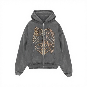 Sweat à capuche zippé unisexe oversize style streetwear hip-hop, en molleton épais 100% coton, doublure polaire, couleur unie, épaules tombantes - Product Image 3