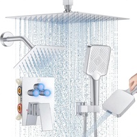 Ensemble de douche 12 pouces à montage au plafond, système de douche pluie avec 2 douches à effet pluie carrées, douchette à main, bouton poussoir de déviation et kit de finition en laiton