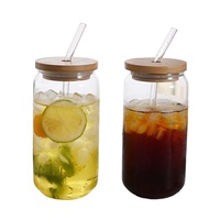 Gobelet en verre transparent pour jus et boissons de 16 oz, gobelets en verre givré transparent avec couvercle en bambou anti-fuite et paille en verre