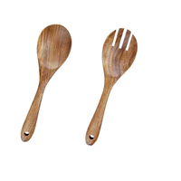 Set peralatan makan datar kayu pernis alami, Set sendok Salad sayuran warna cokelat panjang 25cm, sendok garpu tangan