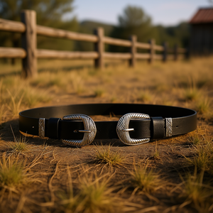 Cinturón de cuero genuino Angelina de 3 cm x 100 cm con doble hebilla estilo occidental informal para mujeres y hombres - Product Image 2