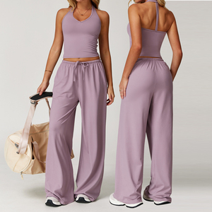 Ensemble de yoga pour femmes 2 pièces, haut de sport à bretelles sexy à dos nu, t-shirt de course, pantalon de yoga pour femmes, séchage rapide, fitness, <span class=keywords><strong>musculation</strong></span> - Product Image 1