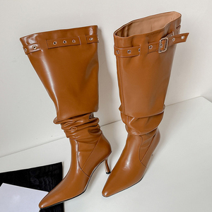 Women Top Belt Buckles Shoes High Heels Pointed Toe Stiletto on Knee High <b>Boots</b> Wide Pleated Upper Long Booties - Product Image 6