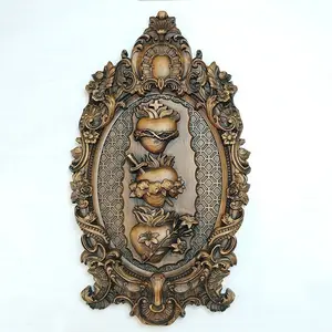 The Three Sacred Hearts Wooden Carving Decoration of the Holy Family