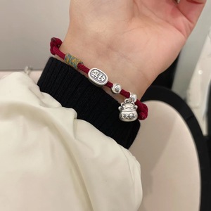 Bracelet en fil rouge tressé en argent sterling 999 Happy Lucky Cat pour femmes, bijoux cadeau de style chinois - Product Image 2