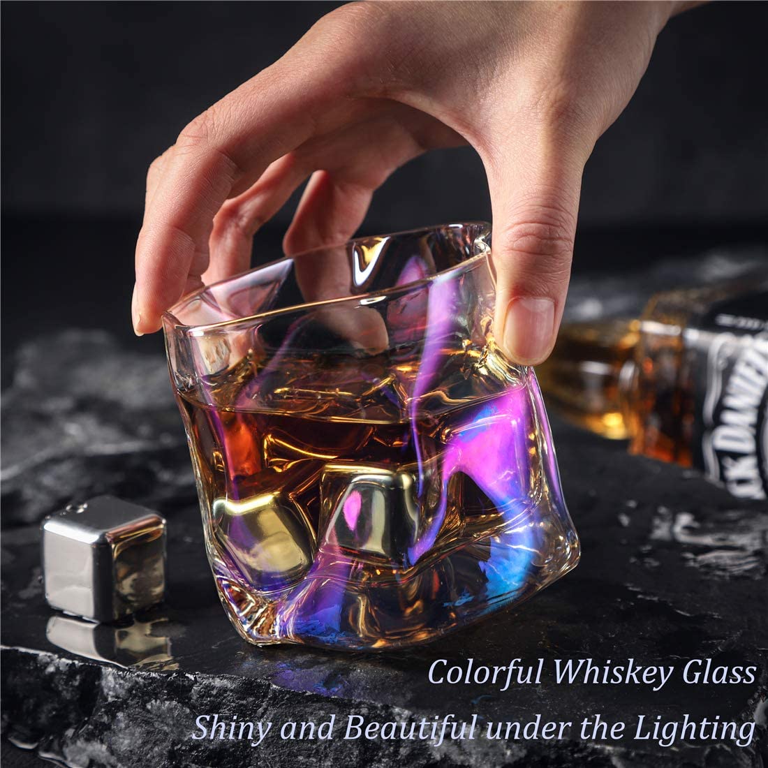 Whiskey Glasses Set of 2 with Iridescence 10 oz Colorful Cocktail Glasses Hand-blown Lead-free Bar Crystal Glass