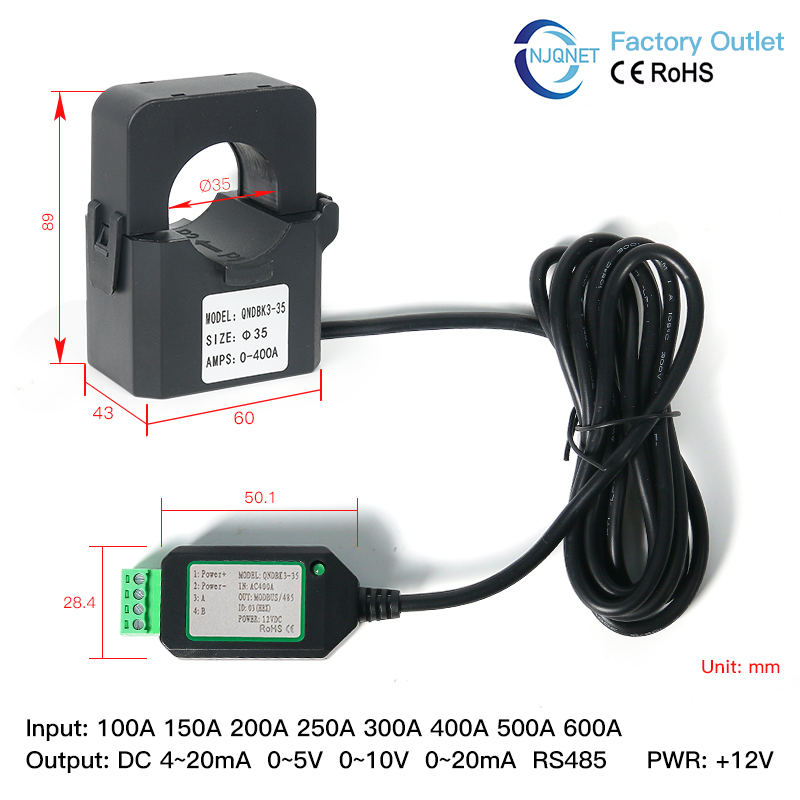 Split Core Current Transducer Modbus QNDBK3-16 Ac 10A 20A 50A 100A 200A Output RS485 Clamp Ct Digital Current Transformer Sensor