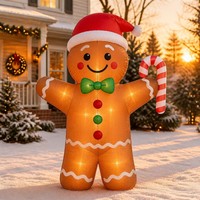 Homme en pain d'épices gonflable de Noël de 1,80 m en terylène avec canne en sucre et éclairage LED, décoration de jardin intérieure/extérieure pour affichage commercial