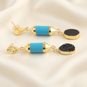 Black Sugar Druzy & Blue Turquoise 18K Gold Plated Brass <b>Drop</b> Earrings Neo-Gothic Statement Jewelry for Women - Product Image 5