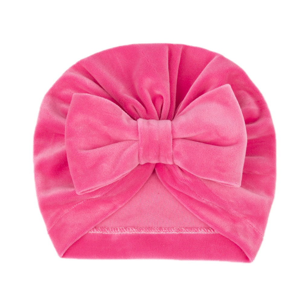 Оптовая продажа, теплая бархатная детская зимняя шапка-тюрбан с бантом спереди для малышей