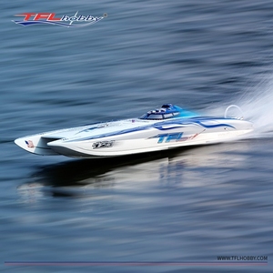 Bateau de course électrique RC TFL Blue-White 1133 Pagani <span class=keywords><strong>Zonda</strong></span> en fibre de verre (ARTR) avec deux moteurs 4082 et ESC 160A, vitesse jusqu'à 100 km/h - Product Image 1
