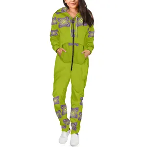 Pyjama à capuche pour femme, vêtement de nuit, vert, motif Tribal polynésien, chaud, une pièce, grenouillère avec poches, capuche, pour l'hiver