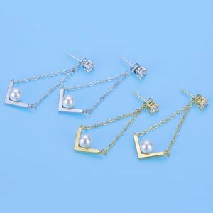 ต่างหูเงินแท้ 925 รูปตัวอักษร V ประดับเพชรและมุก ดีไซน์ยาว คุณภาพสูง - Product Image 6