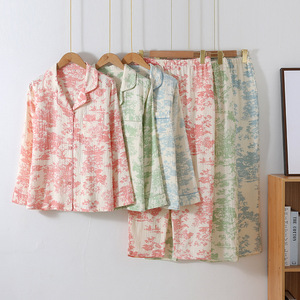 <span class=keywords><strong>Pigiama</strong></span> da Donna Personalizzato in Puro Cotone a Maniche Lunghe, Set Due Pezzi in Garza Doppia per Primavera Estate Autunno - Product Image 1