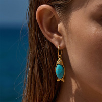 Boucles d'oreilles minimalistes en forme de poisson, pierre naturelle turquoise verte, plaqué or 18 carats PVD, acier inoxydable, pour femmes