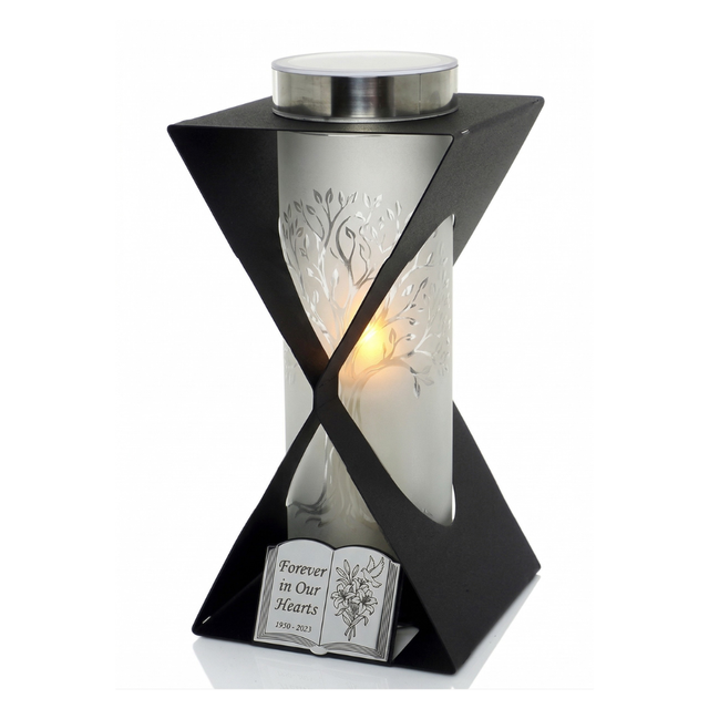 Znicz Solarny Metalowy LED Grave Lantern Lampion Nagrobny Na Grob Czarno Srebrny Memorial Light