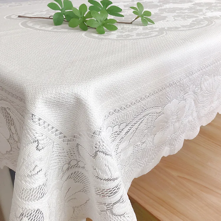 Ucuz beyaz özel zarif Proint düğün jakarlı % 100 Polyester masa örtüsü özel baskı