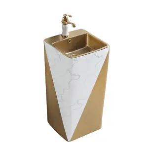 BASHIELD Luxury Bathroom Sink Gold Plated Color Hand Ceramic Pedestal Wash Basin Bowls