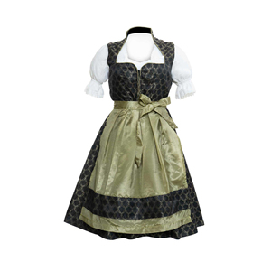 Robe traditionnelle Dirndl noire à motif géométrique doré en satin, coupe trapèze, longueur midi, manches bouffantes, col cœur, pour les fêtes et célébrations - Product Image 1