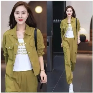 Plus Size Women Casual Suit Military Green Polyester Two Piece Set Long Sleeve Jacket Cargo Pants Workwear - Product Image 2