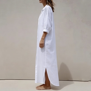 <span class=keywords><strong>Robe</strong></span> chemise ample blanche personnalisée à manches longues avec boutons sur le devant, style maxi, pour la maison ou comme chemise de nuit - Product Image 2