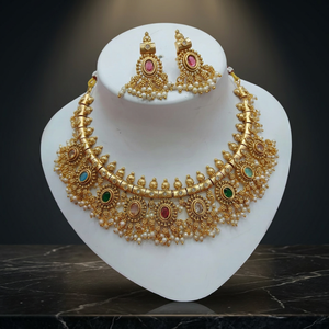 South Indian Ethnic Antique Matte Gold Plated High Quality Wedding Choker Necklace Ruby Gemstone Oval Pearl Clusters Matching - Product Image 1