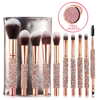 Pinceaux de maquillage vegan de haute qualité, manche scintillant rose doré, strass, ensemble de 10 pinceaux de maquillage avec sac