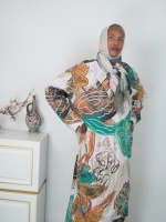 Robe longue fluide à motif de feuilles dynamiques, coupe ample et aérienne, manches longues, tenue inspirée de l'Abaya décontractée pour femmes musulmanes