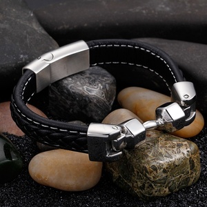 2024 High Quality Custom Stainless Steel <b>Men</b> Leather Fitness Gym <b>Bracelets</b> - Product Image 3